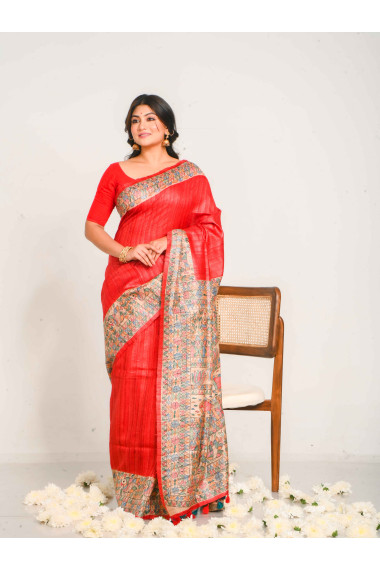 Madhubani Hand Paint Tussar Saree in Shades of Red- BSHP36